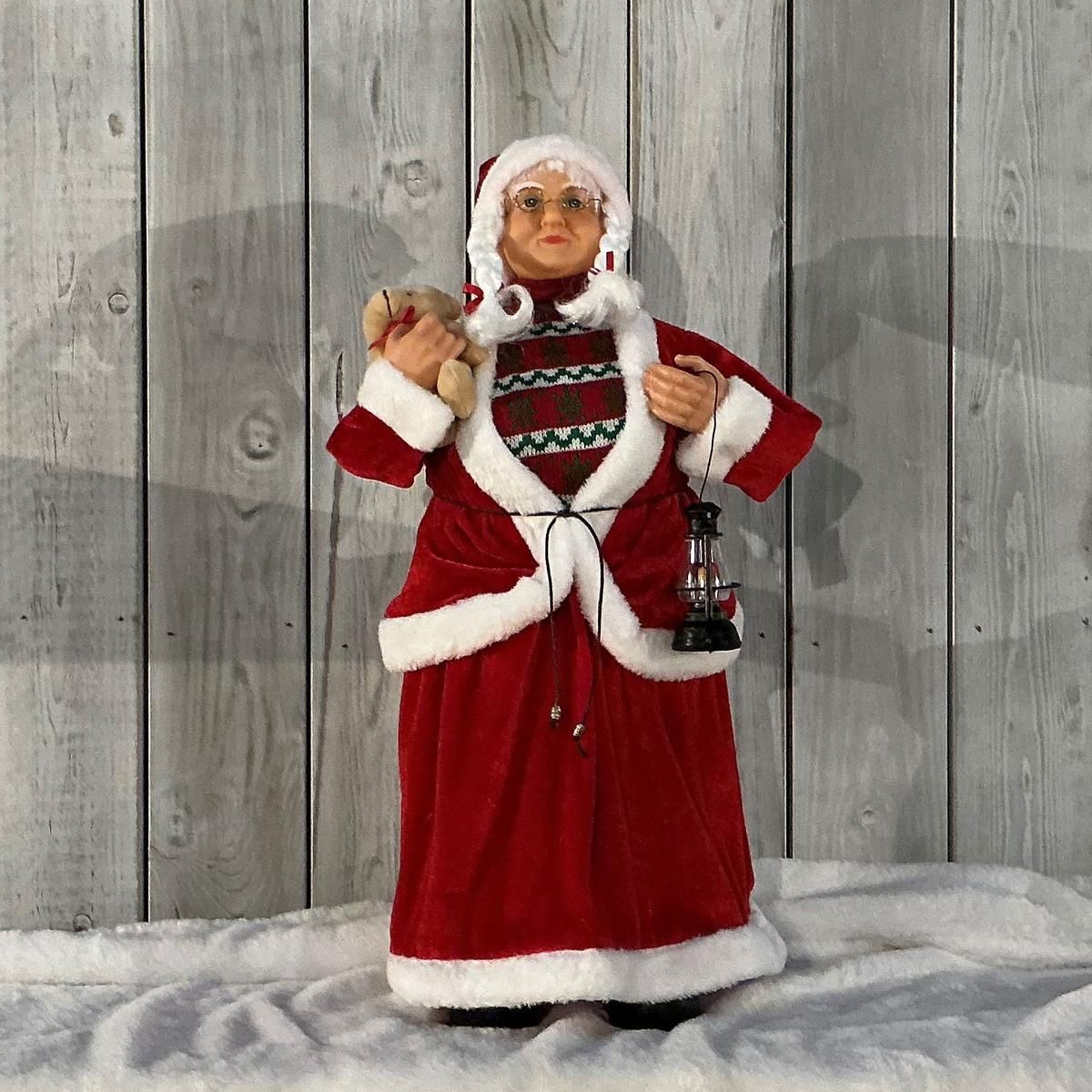 Standing Traditional Red Mrs Claus with Bear and Lantern (60cm