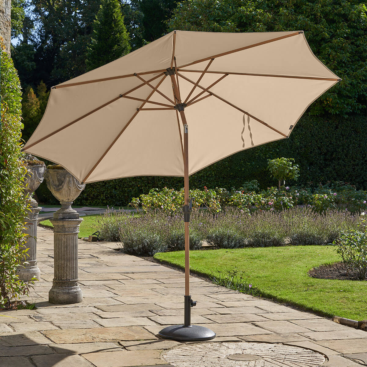 champagne patio umbrella Pacific Lifestyle Riva 3m Teak Garden Teak Parasol with Champagne Cano – Ruxley Manor Garden Centre