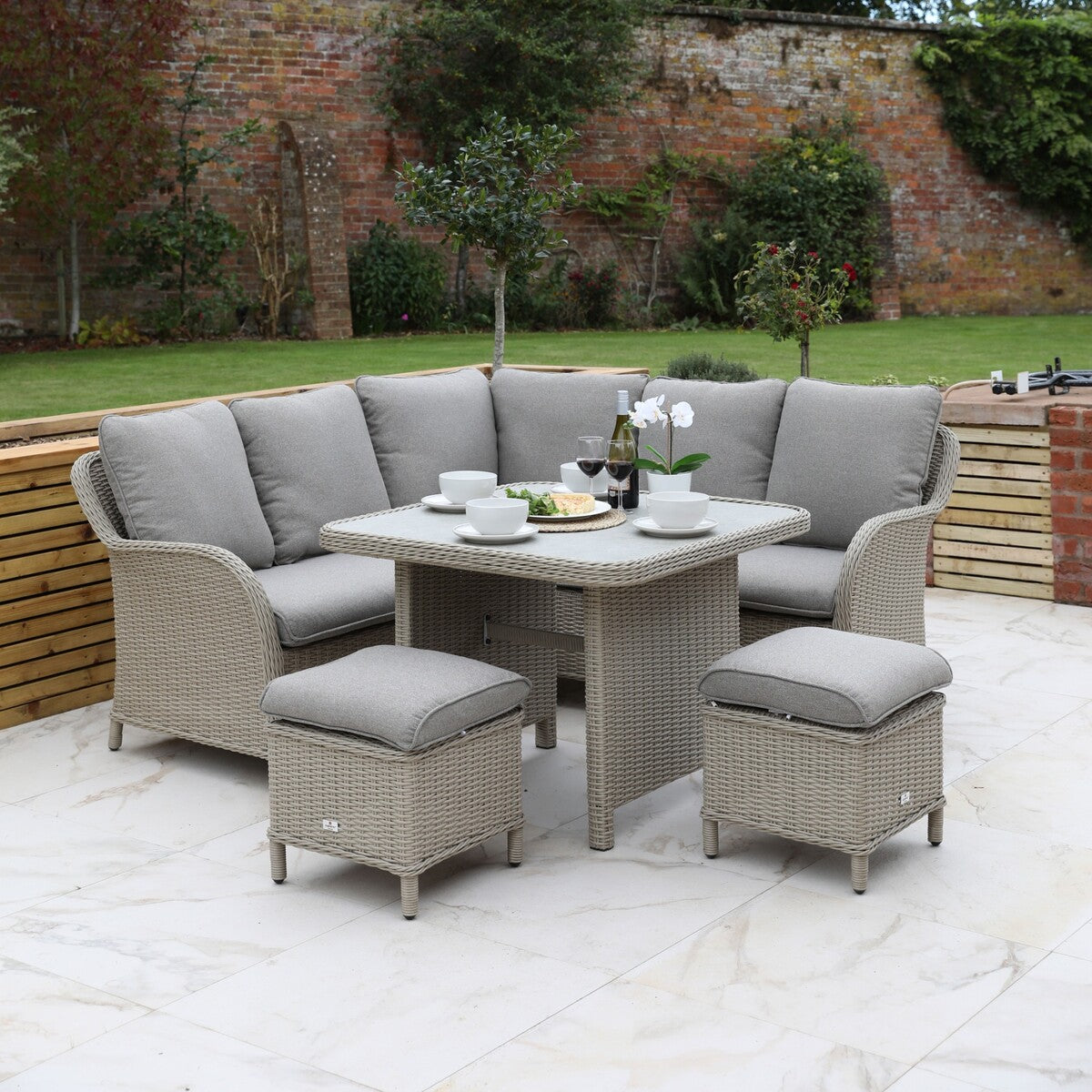 Harlington 7 Seat Garden Corner Sofa Set With Stools and Square