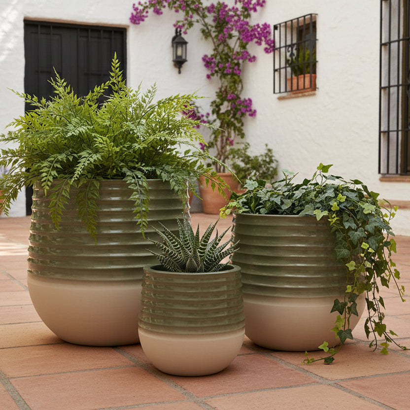 buy plant pots online uk Jamie Planters Set of 3 Garden Pots in Green & Grey Ceramic Effect – Ruxley  Manor Garden Centre