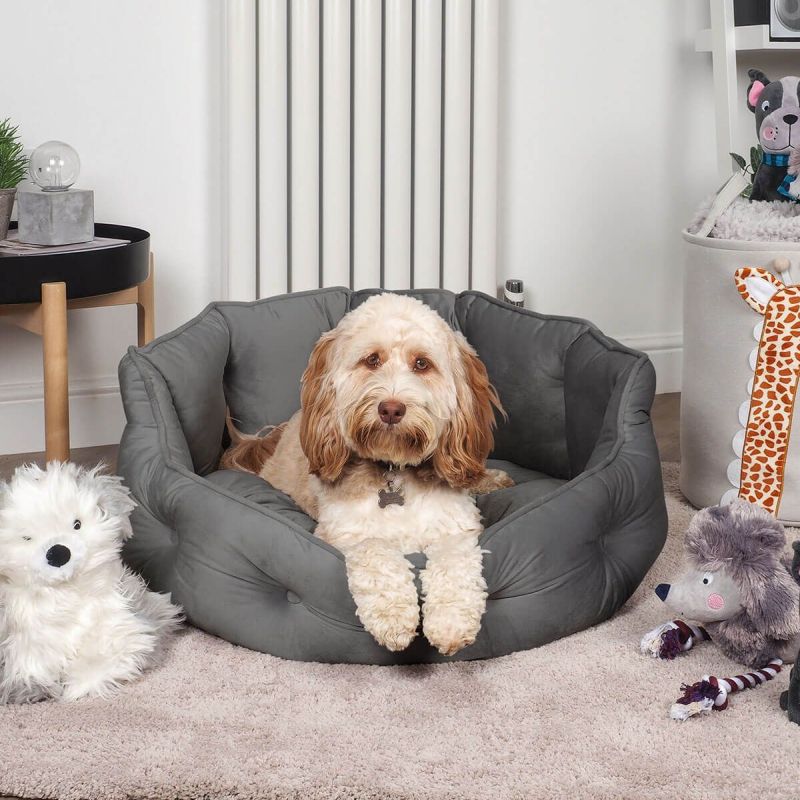 Zoon Button-Tufted Round Dog Bed - Grey (Small Dog)