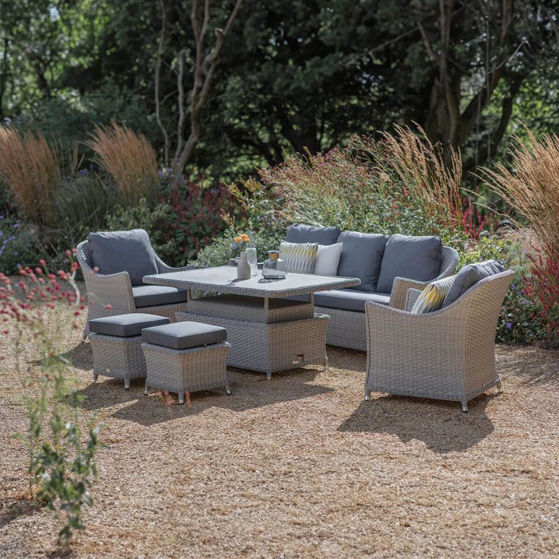 Bramblecrest Wentworth Garden 3 Seat Sofa with Rectangle Adjustable Ceramic Table 2 Sofa Chairs & 2 Stools