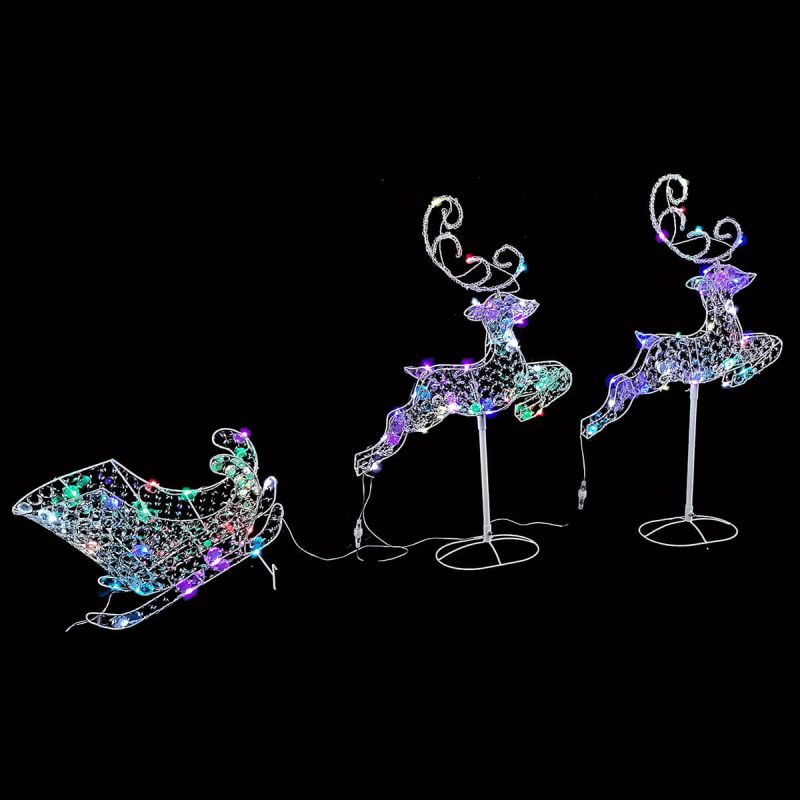 96cm Colour Changing Jewelled Sleigh & Two Reindeer 