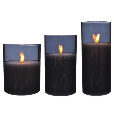 3 Glass Cylinder LED Candles - Dark Smoke