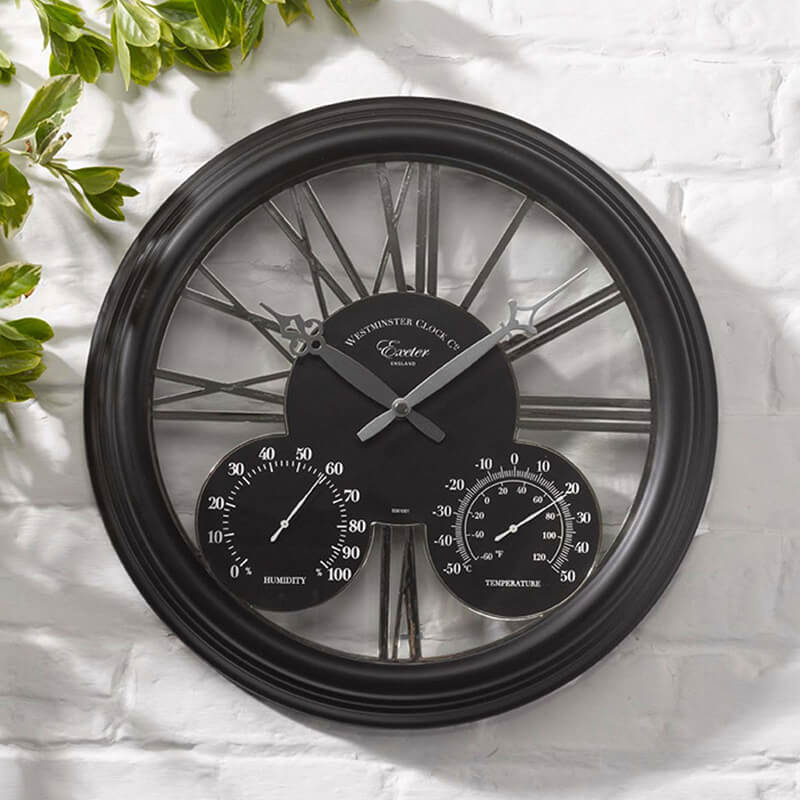 Outdoor Garden Clock - 15" Exeter Black with Thermometer