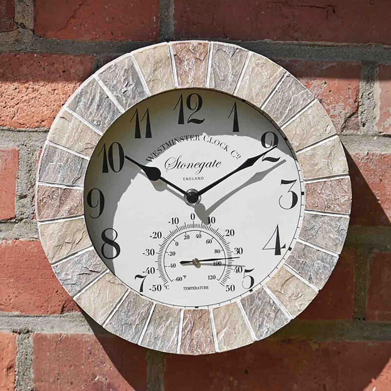 Outdoor Garden Clock - 10" Stonegate with Thermometer
