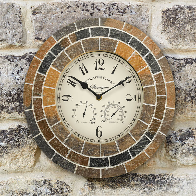 Outdoor Garden Clock - 14" Stonegate with Thermometer