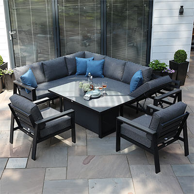 Supremo Livorno Garden Corner Sofa Set with Recliner Chaise Lounge, Rectangular Adjustable Table & 2 Lounge Chairs